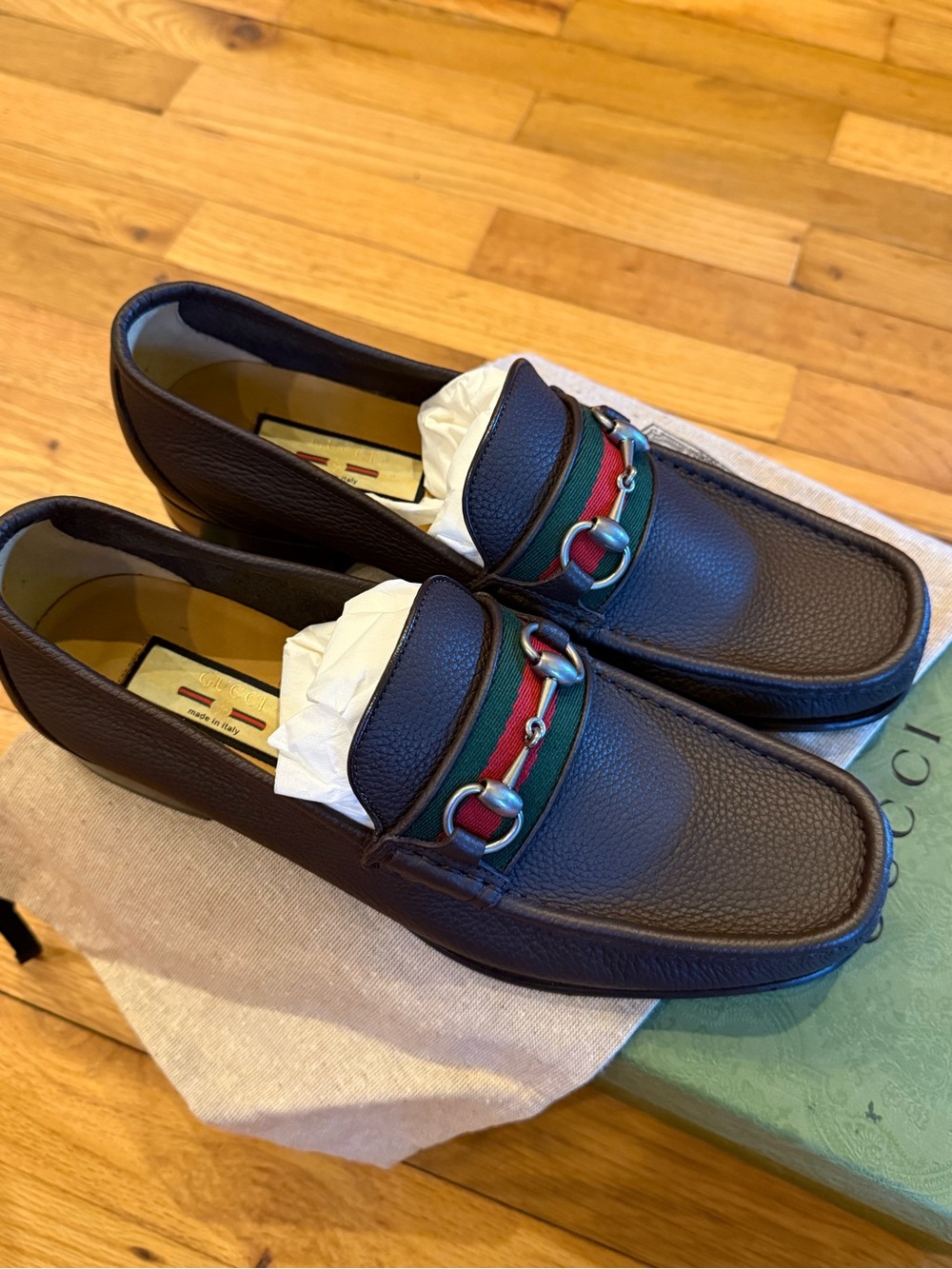 Gucci Dark Brown Leather Horsebit Loafers with Green-Red Web